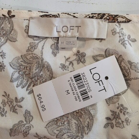 Loft Striped Floral Pintucked V-Neck Peplum Blouse Puff Sleeve Cottage NEW M - Picture 4 of 8